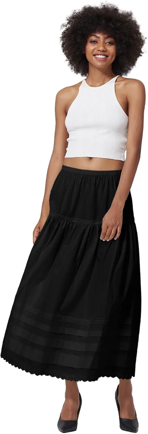 100% Cotton Women White Maxi Skirt Elastic Waist Peasant A Line Flowy Swing Lace Skirt Dress No Lining