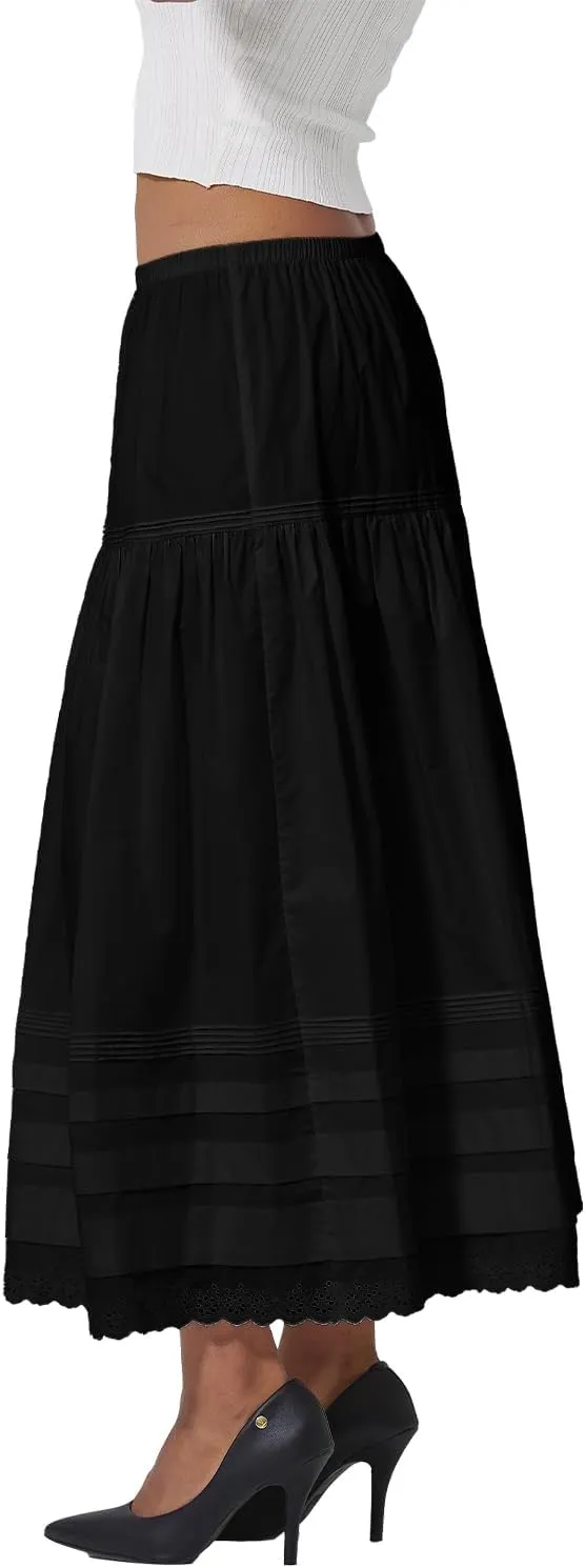 100% Cotton Women White Maxi Skirt Elastic Waist Peasant A Line Flowy Swing Lace Skirt Dress No Lining