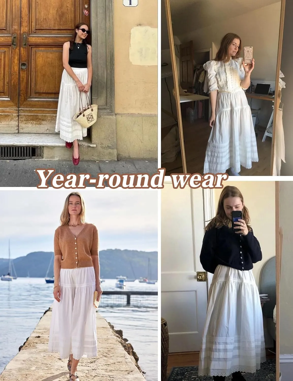 100% Cotton Women White Maxi Skirt Elastic Waist Peasant A Line Flowy Swing Lace Skirt Dress No Lining