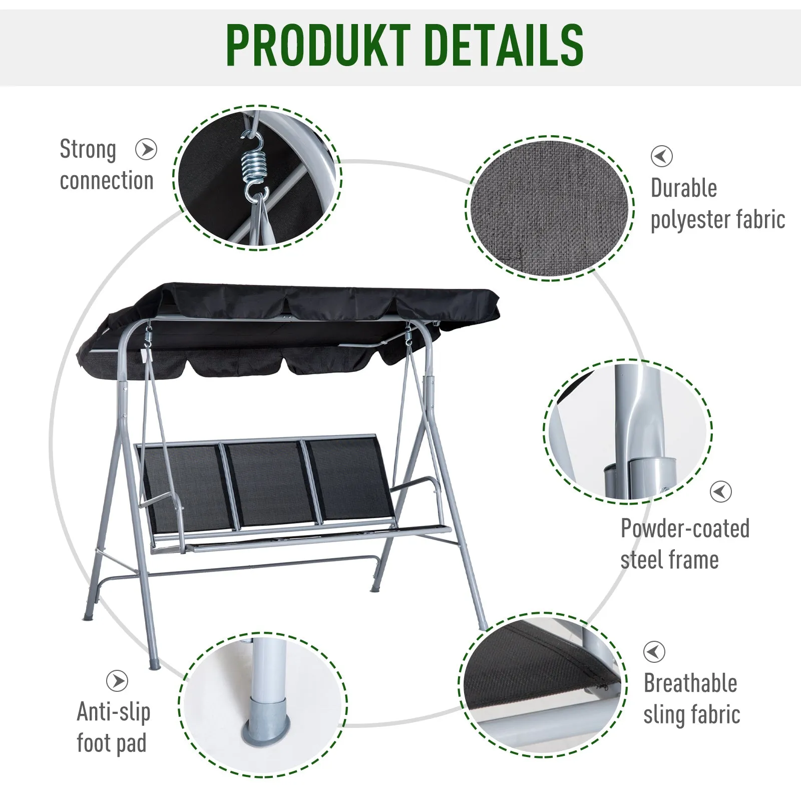 3 Seater Patio Swing Chair Garden Hammock Bench Rock Shelter Shade Metal Black