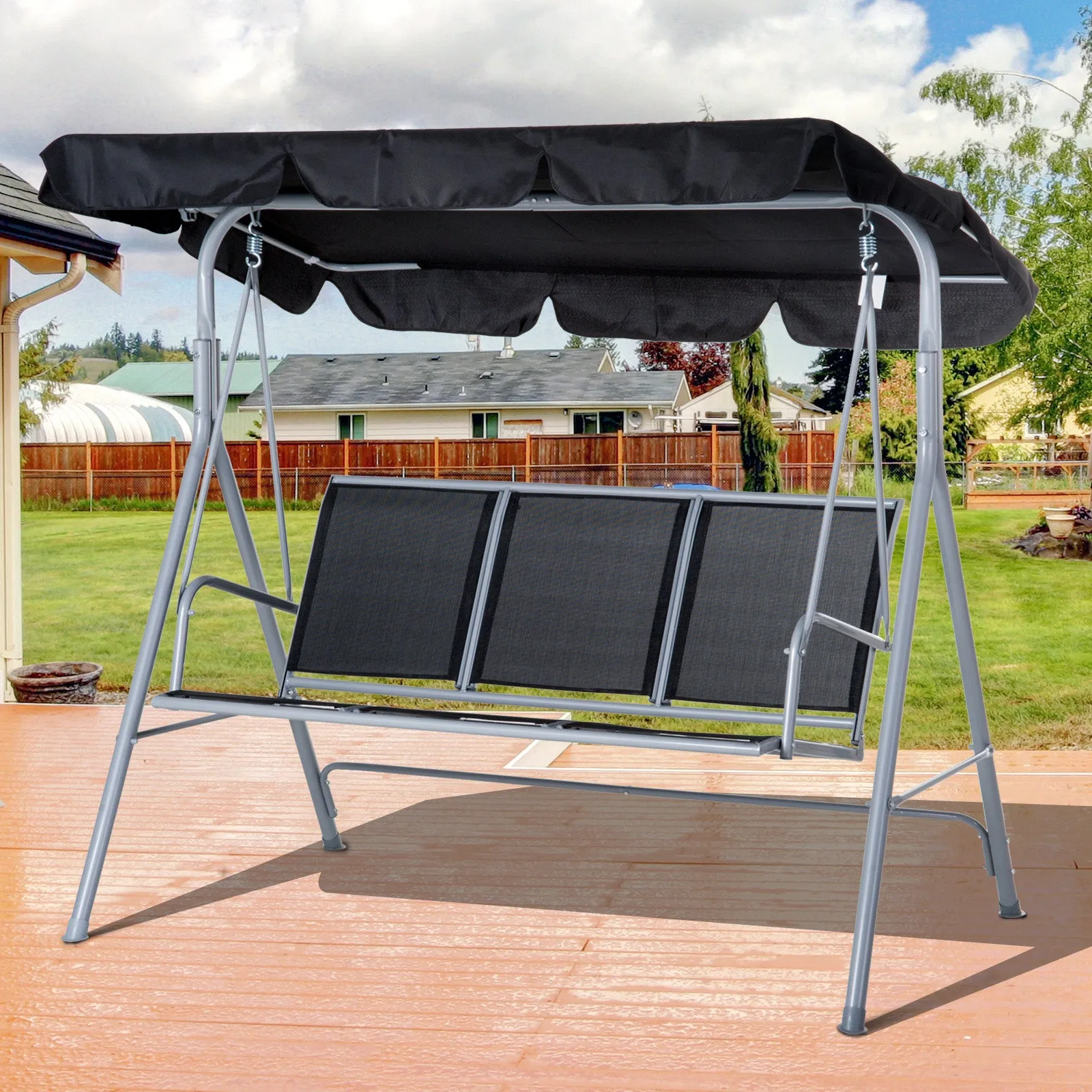 3 Seater Patio Swing Chair Garden Hammock Bench Rock Shelter Shade Metal Black