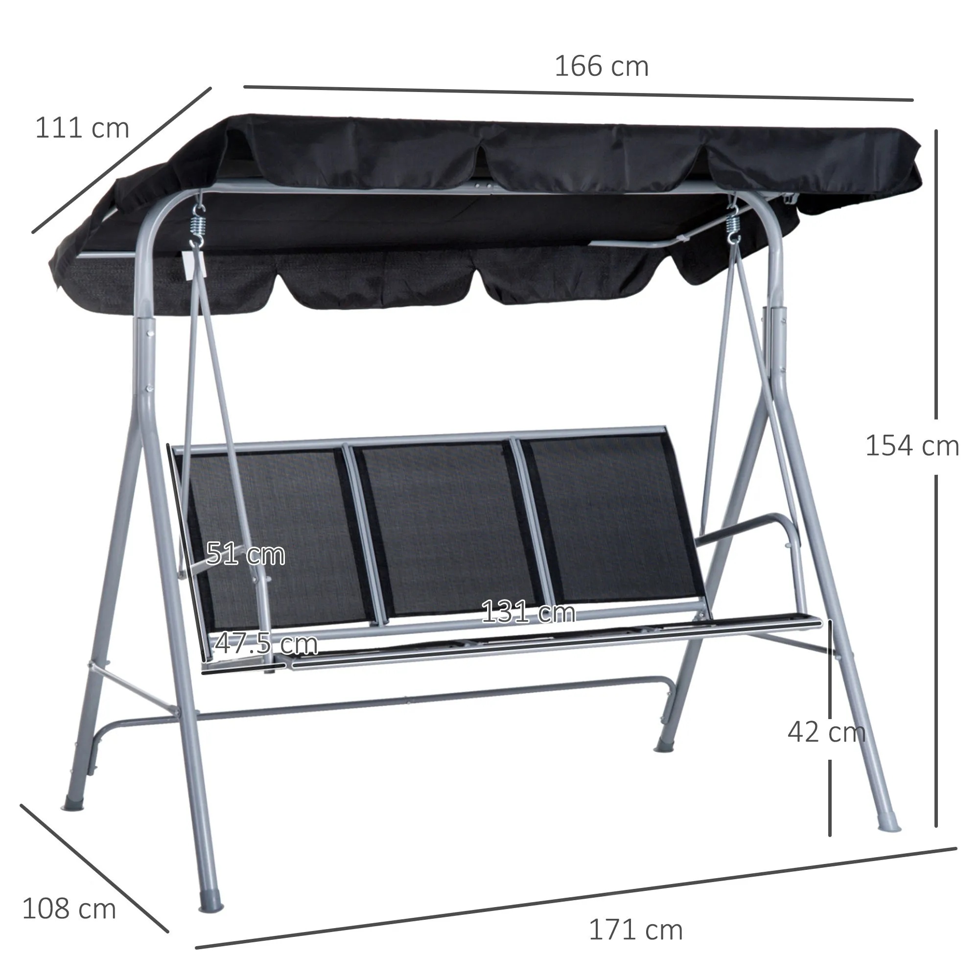 3 Seater Patio Swing Chair Garden Hammock Bench Rock Shelter Shade Metal Black