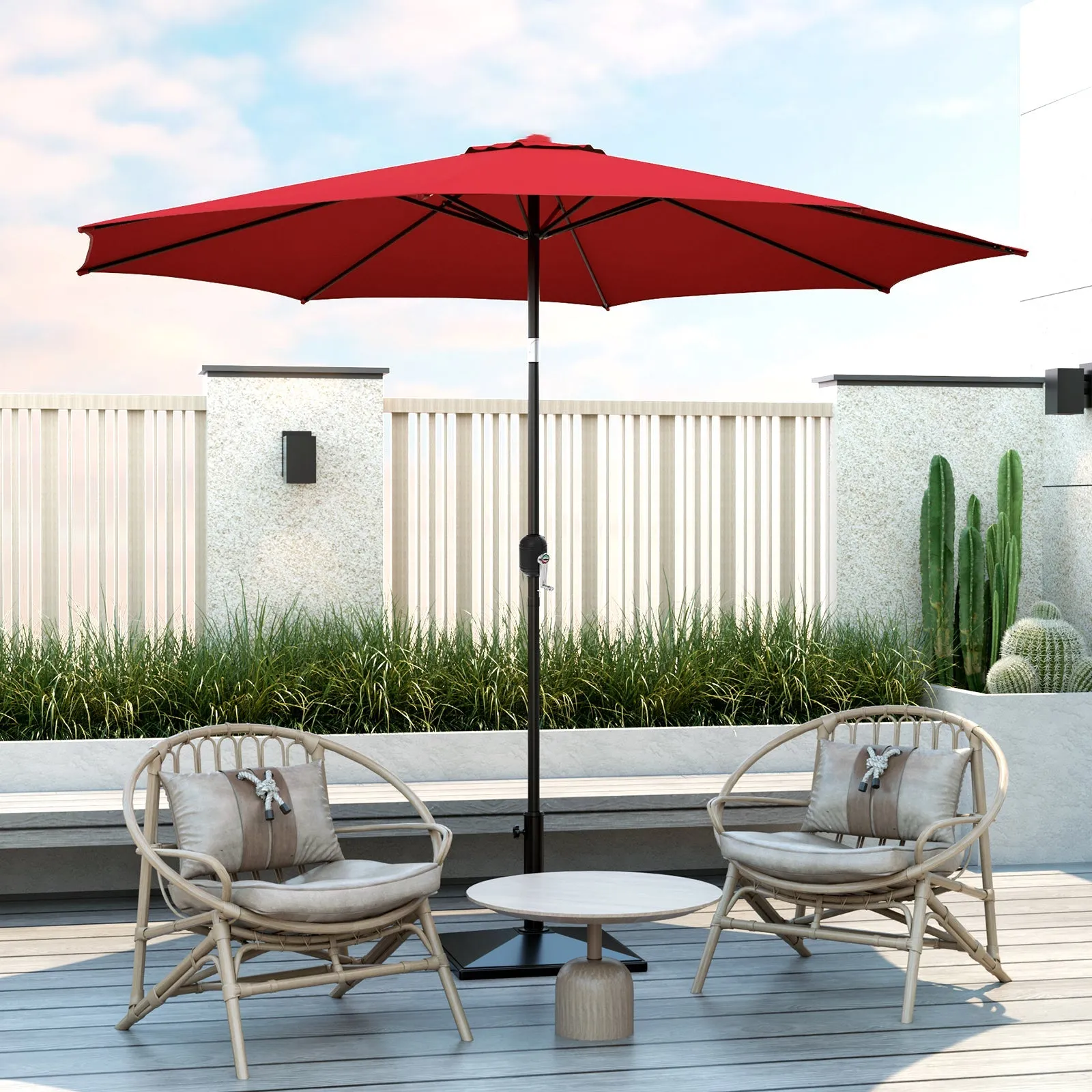 300cm Patio Umbrella with Push Button Tilt Crank Handle and 8 Sturdy Ribs-Wine