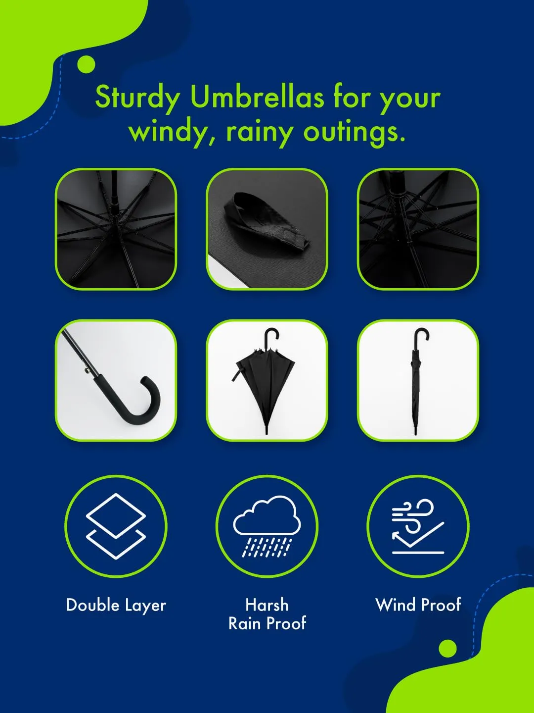 ABSORBIA Unisex 3X Folding Umbrella Dark Green and Straight Umbrella Navy Blue (Pack of 2), For Rain & Sun Protection and also windproof | Double Layer Folding Portable Umbrella with Cover