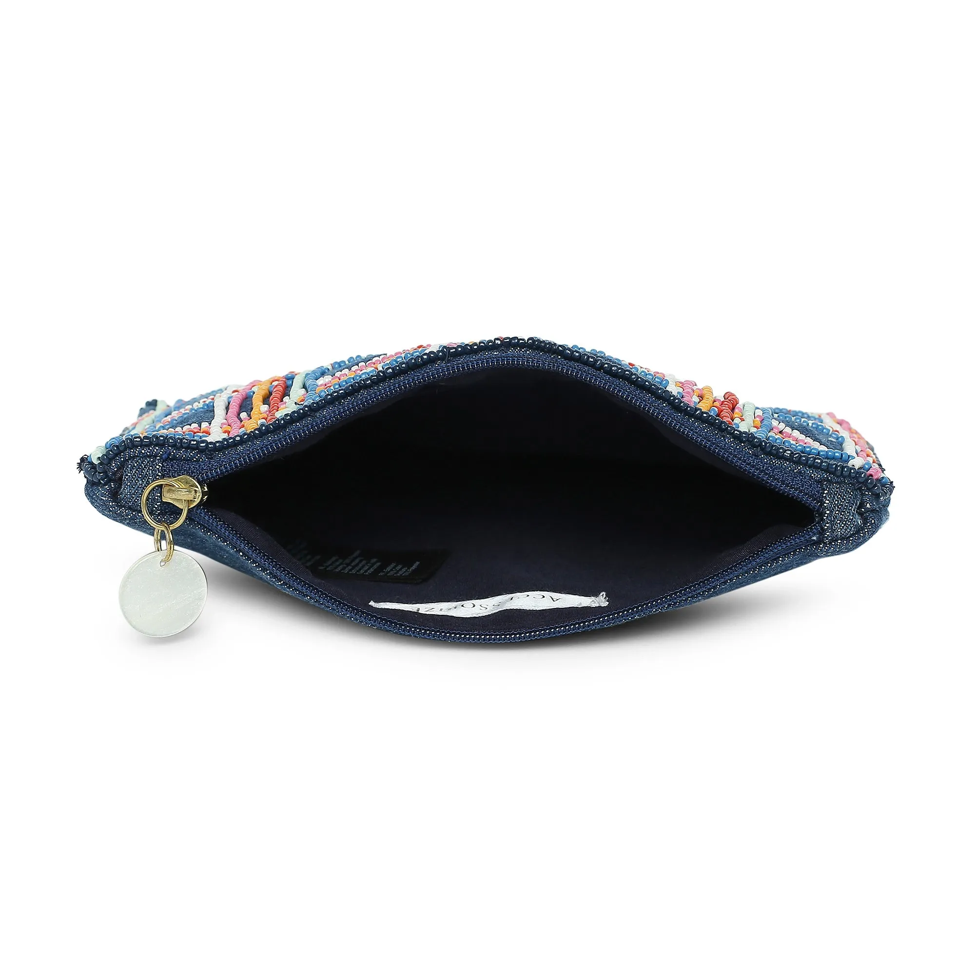 Accessorize London Women's Cotton Blue Rainbow Beaded Pouch
