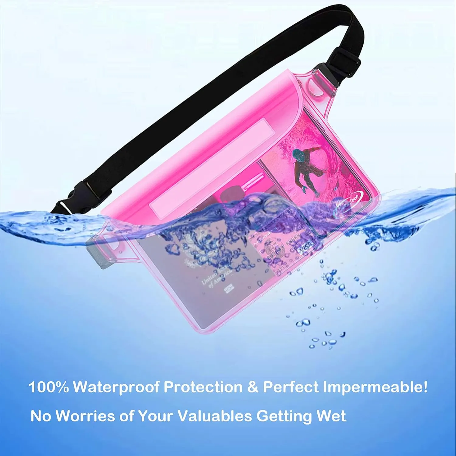 AiRunTech Waterproof Pouch with Waist Strap (2 Pack) | Beach Accessories Best Way to Keep Your Phone and Valuables Safe and Dry | Perfect for Boating Swimming Snorkeling Kayaking Beach Pool Water Park