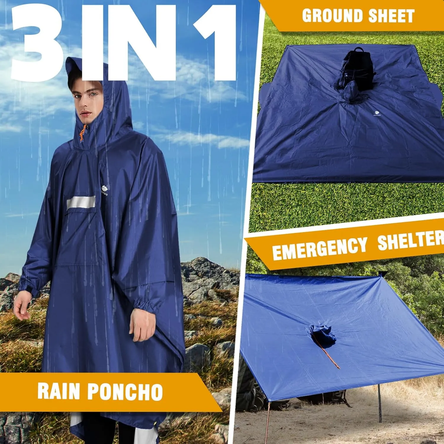 ANYOO Hooded Rain Poncho for Adults Waterproof Lightweight Rain Coat for Men Women Reusable Rain Jacket for Emergency Outdoor