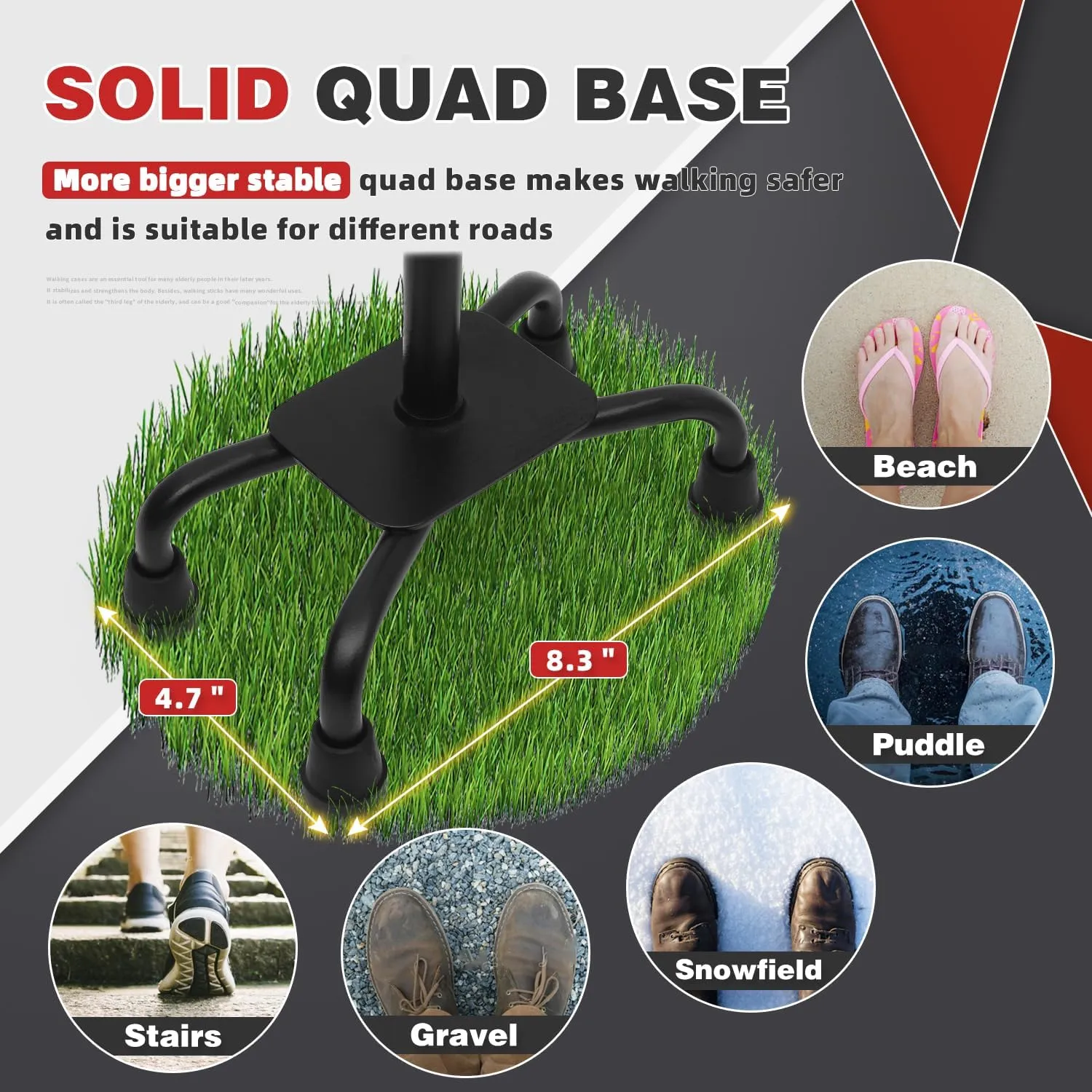 BeneCane Quad Cane Walking Cane with Two Led Lights with Big Base T HandleLightweight Adjustable Walking Stick Four Pronged Sturdy for Men and Women