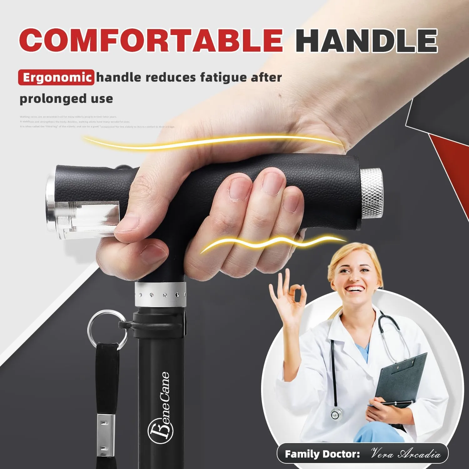 BeneCane Quad Cane Walking Cane with Two Led Lights with Big Base T HandleLightweight Adjustable Walking Stick Four Pronged Sturdy for Men and Women