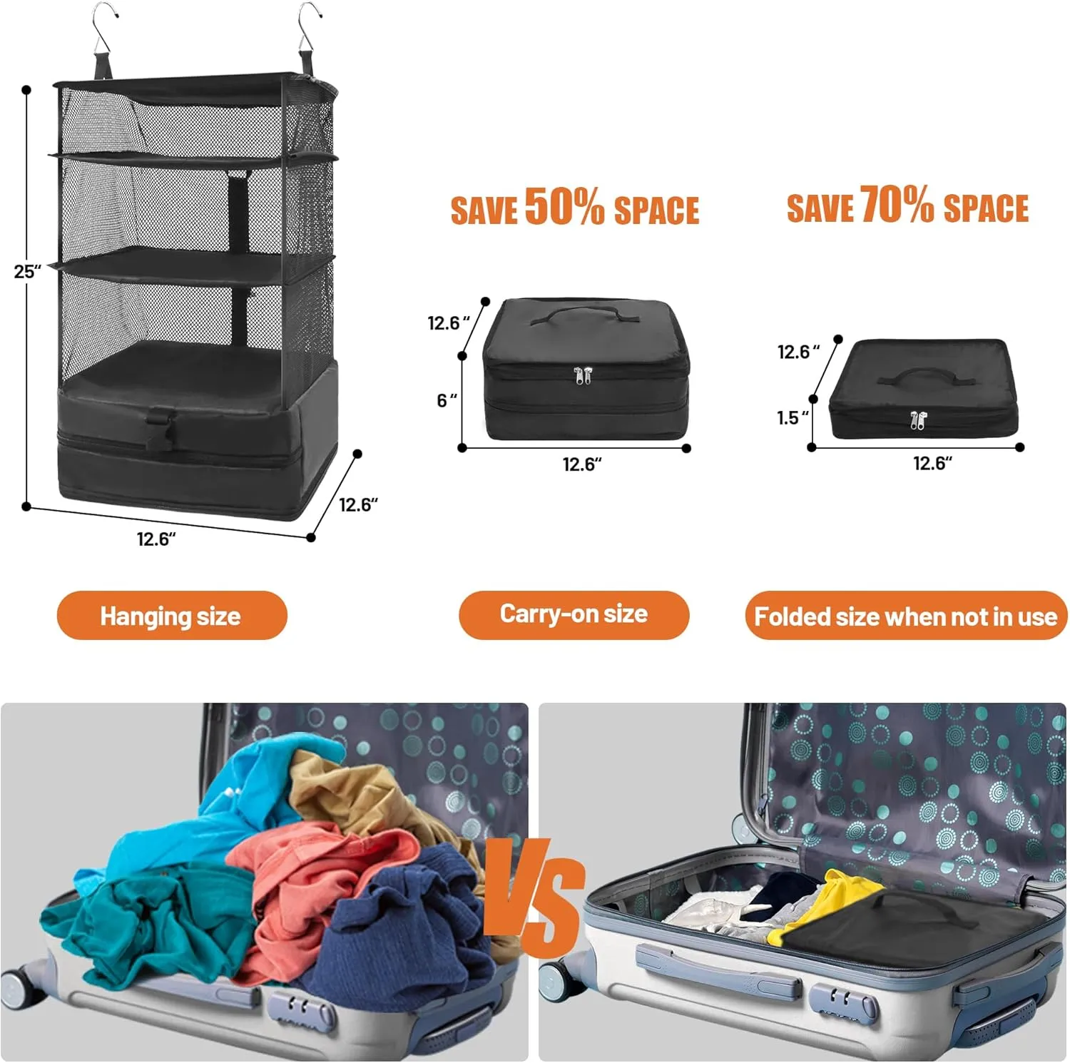 Caroeas Portable Hanging Travel Shelves Bag Suitcase Organizer Carry-on Closet Packing Cubes for Travel, 3-Shelf Suitcase Closet with 2 Hooks, Large Capacity, Black