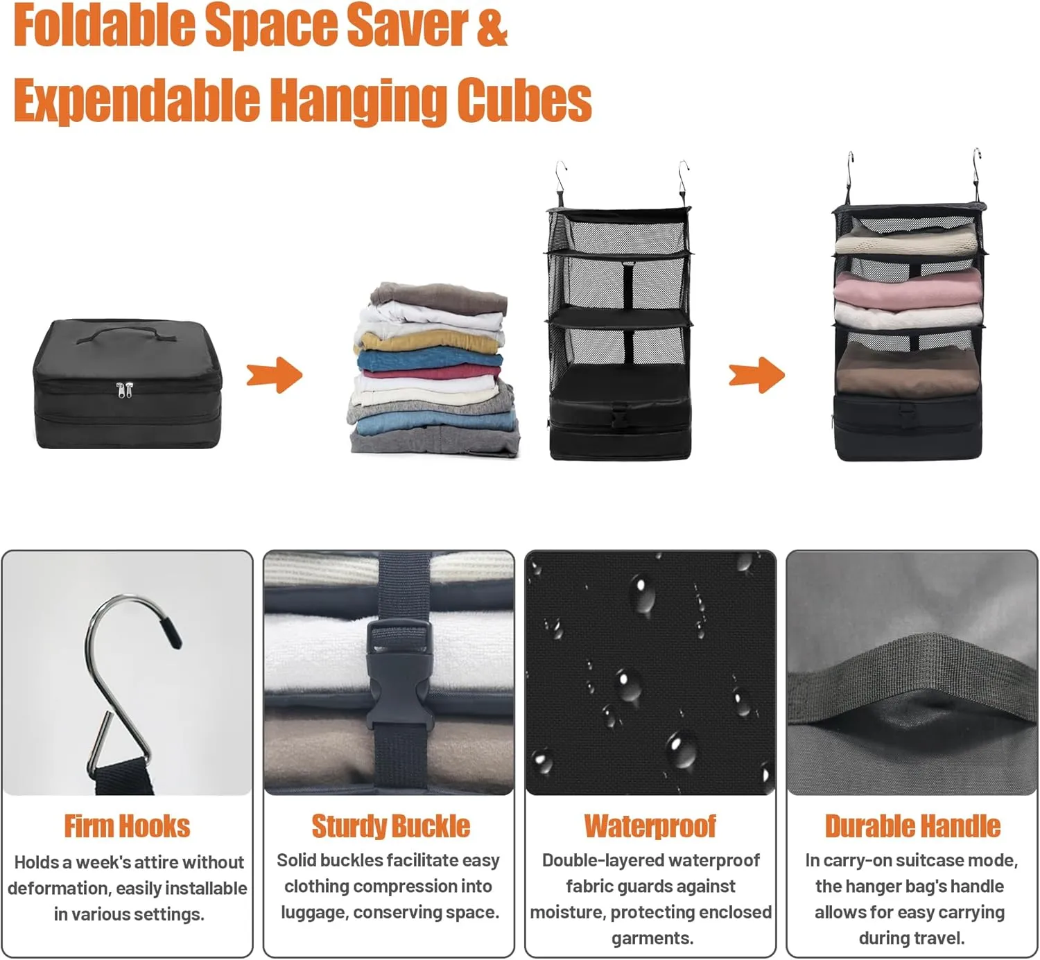Caroeas Portable Hanging Travel Shelves Bag Suitcase Organizer Carry-on Closet Packing Cubes for Travel, 3-Shelf Suitcase Closet with 2 Hooks, Large Capacity, Black
