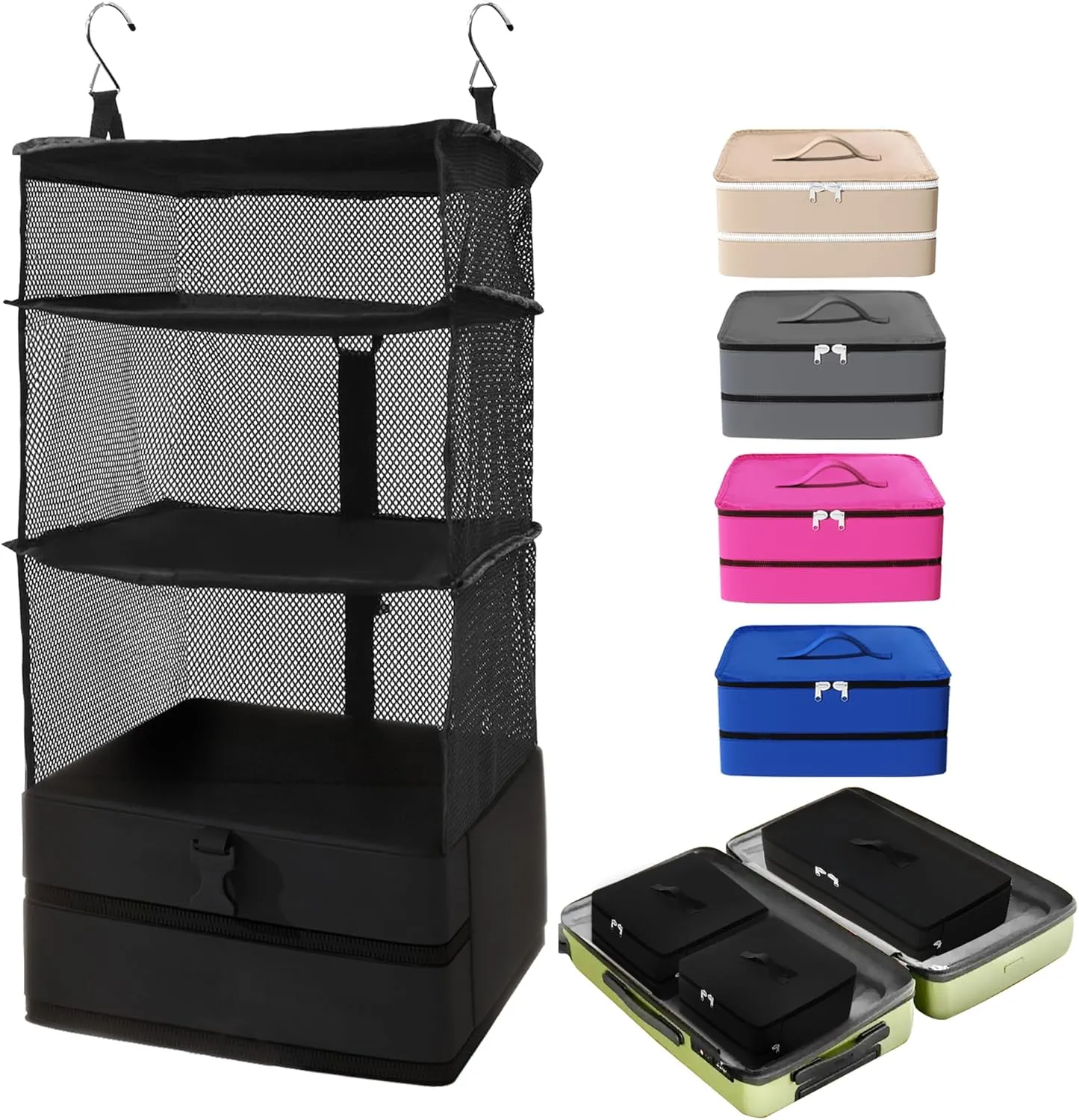 Caroeas Portable Hanging Travel Shelves Bag Suitcase Organizer Carry-on Closet Packing Cubes for Travel, 3-Shelf Suitcase Closet with 2 Hooks, Large Capacity, Black