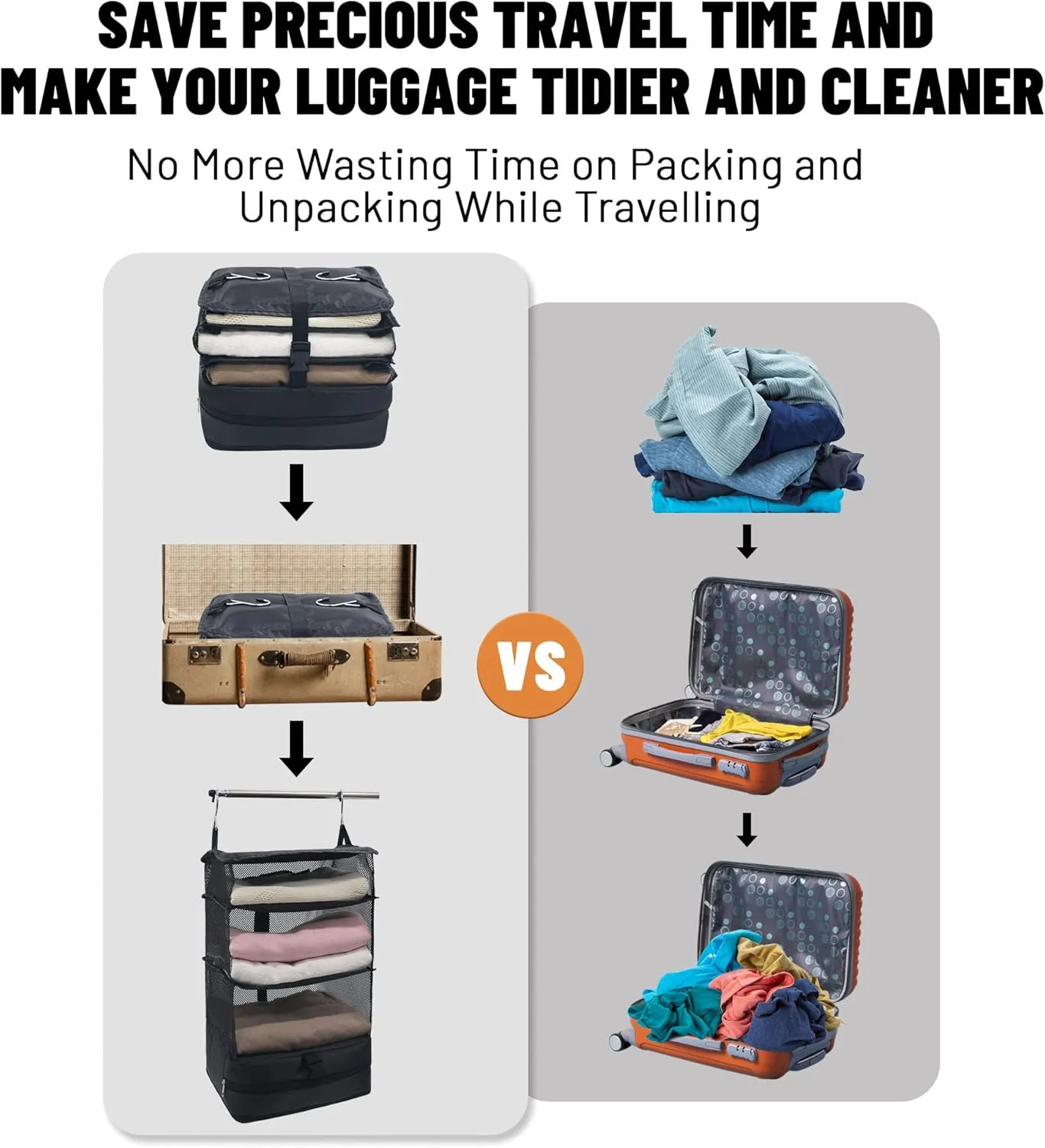 Caroeas Portable Hanging Travel Shelves Bag Suitcase Organizer Carry-on Closet Packing Cubes for Travel, 3-Shelf Suitcase Closet with 2 Hooks, Large Capacity, Black