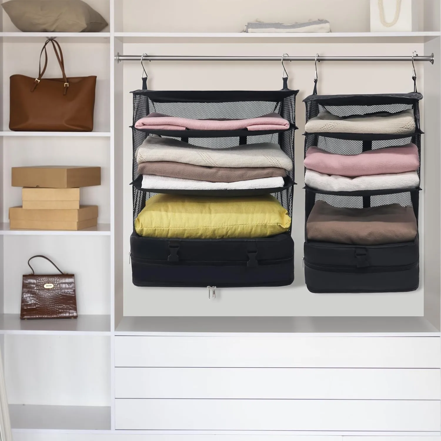 Caroeas Portable Hanging Travel Shelves Bag Suitcase Organizer Carry-on Closet Packing Cubes for Travel, 3-Shelf Suitcase Closet with 2 Hooks, Large Capacity, Black