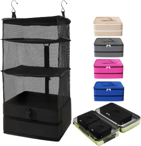 Caroeas Portable Hanging Travel Shelves Bag Suitcase Organizer Carry-on Closet Packing Cubes for Travel, 3-Shelf Suitcase Closet with 2 Hooks, Large Capacity, Black