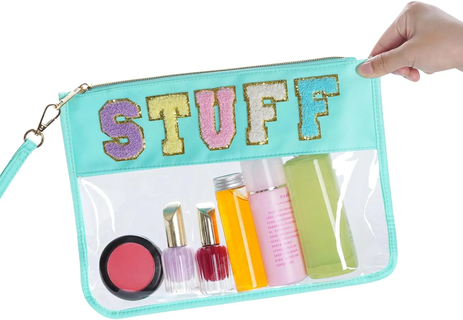 Chenille Letter Bag, Clear Flat Pouches with Zipper, Clear Makeup letter Bag, Multi-purpose Nylon Cosmetic Pouch Bags for Travel, Gym, Beach (Green-Stuff)