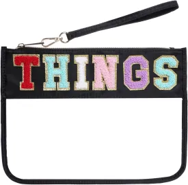 Chenille Letter Bag, Multi-purpose Nylon Clear Makeup Cosmetic Bags Flat Pouches with Zipper for Travel, Gym, Beach (Black-Things)