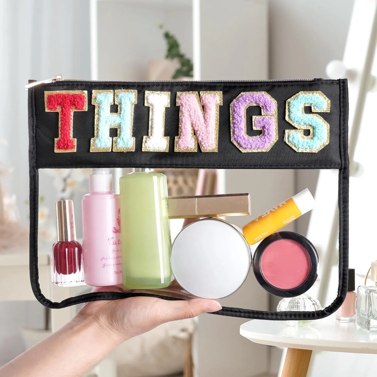Chenille Letter Bag, Multi-purpose Nylon Clear Makeup Cosmetic Bags Flat Pouches with Zipper for Travel, Gym, Beach (Black-Things)