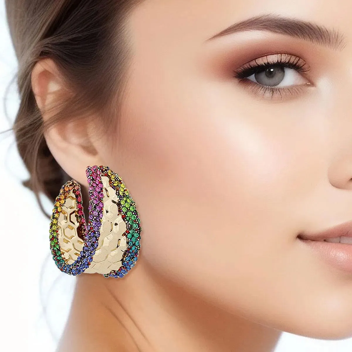 Chic Hoop Earrings Gold Textured Rainbow Rhinestone Detail