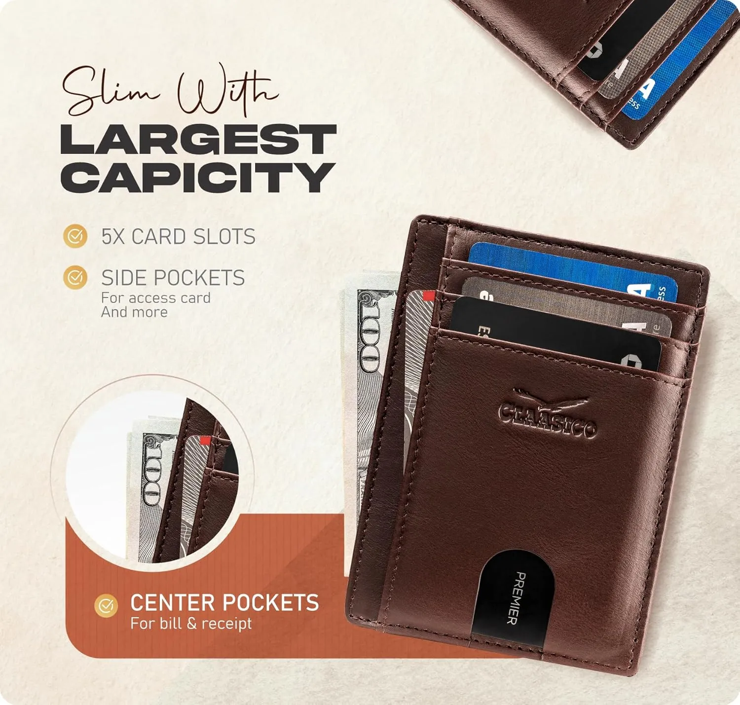 Claasico Front Pocket Small Mens Wallet RFID Blocking Genuine Leather Credit Card Holder