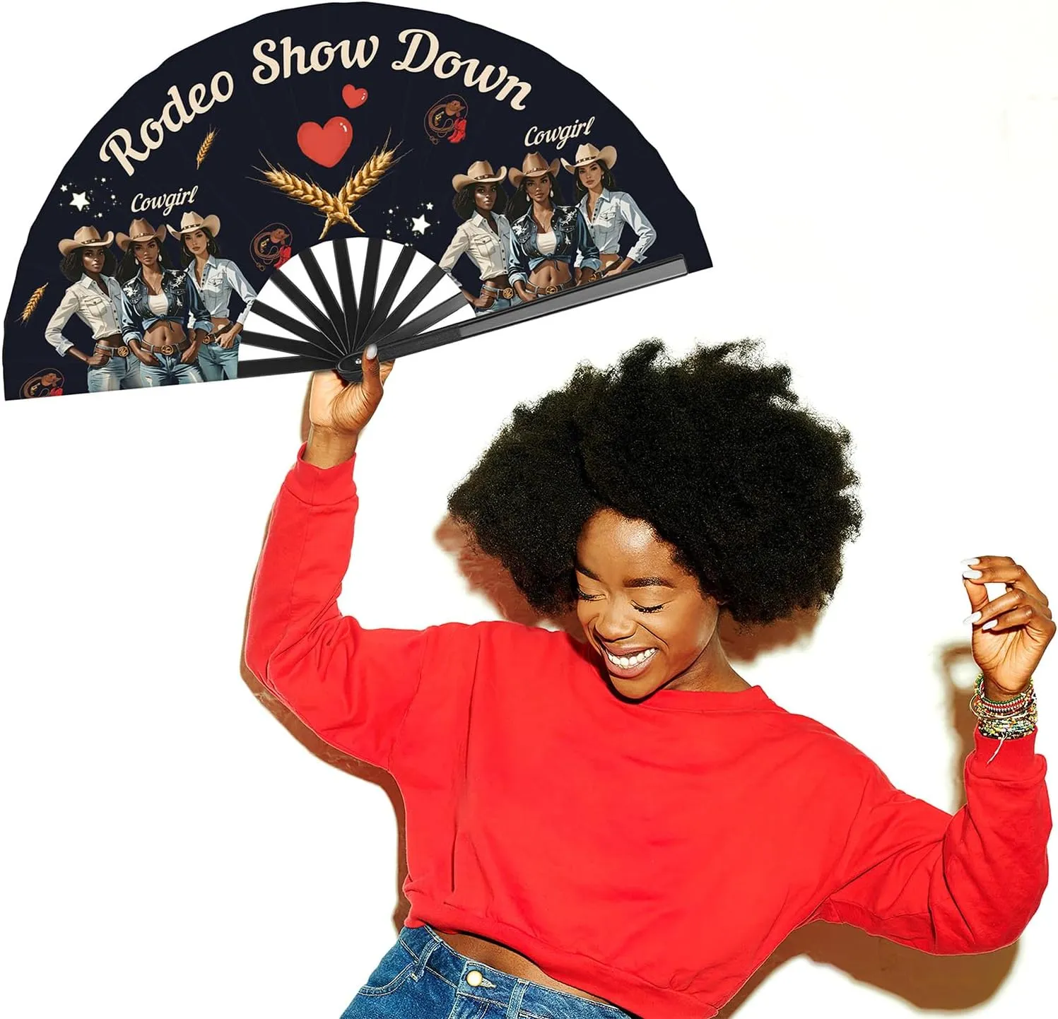 Cowgirl Fans with Click for Line Dance, Rodeo Fans for Line Dancing, Where Them Fans at, Boots On The Ground, Large Festival Folding Fan, 26 in