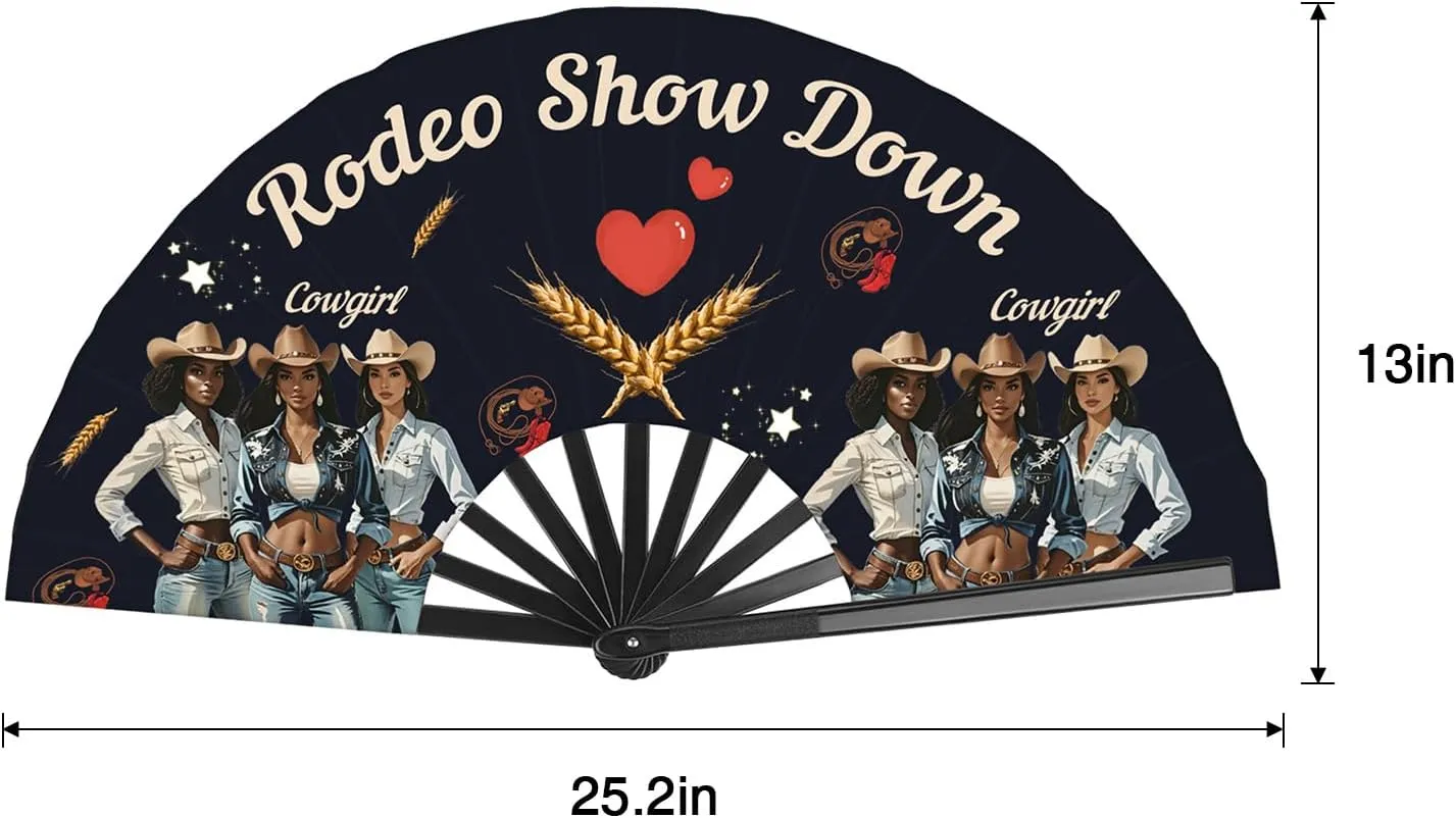 Cowgirl Fans with Click for Line Dance, Rodeo Fans for Line Dancing, Where Them Fans at, Boots On The Ground, Large Festival Folding Fan, 26 in