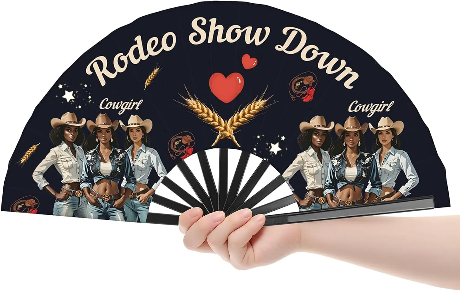 Cowgirl Fans with Click for Line Dance, Rodeo Fans for Line Dancing, Where Them Fans at, Boots On The Ground, Large Festival Folding Fan, 26 in