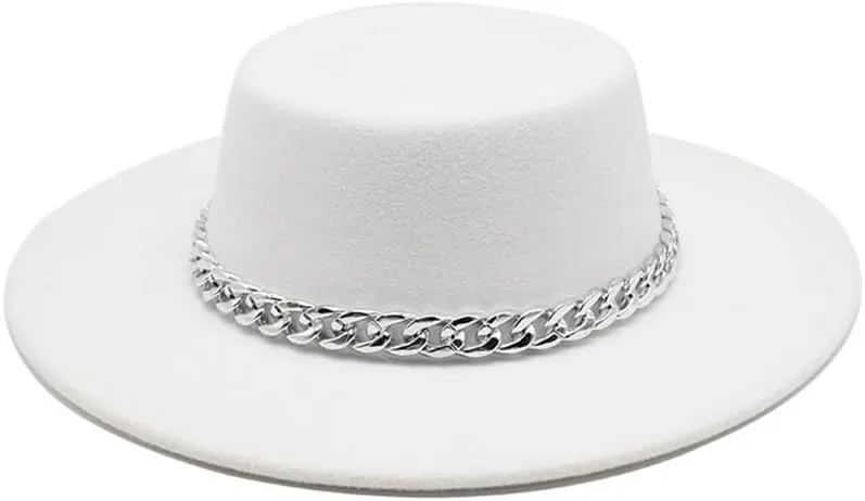 DHAEY 8.5cm Big Brim Jazz Hat New Golden Chain Dome Raised Top French Top Hat European Style Felt Hat Luopan Caps & Hats (Color : White, Size : 56-58cm)