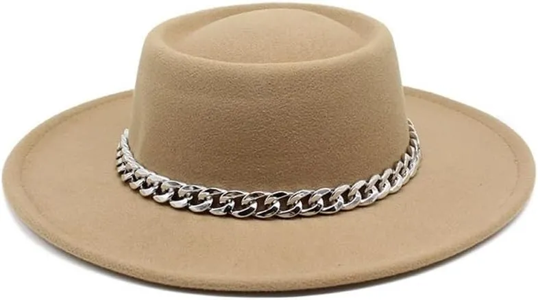 DHAEY 8.5cm Big Brim Jazz Hat New Golden Chain Dome Raised Top French Top Hat European Style Felt Hat Luopan Caps & Hats (Color : White, Size : 56-58cm)