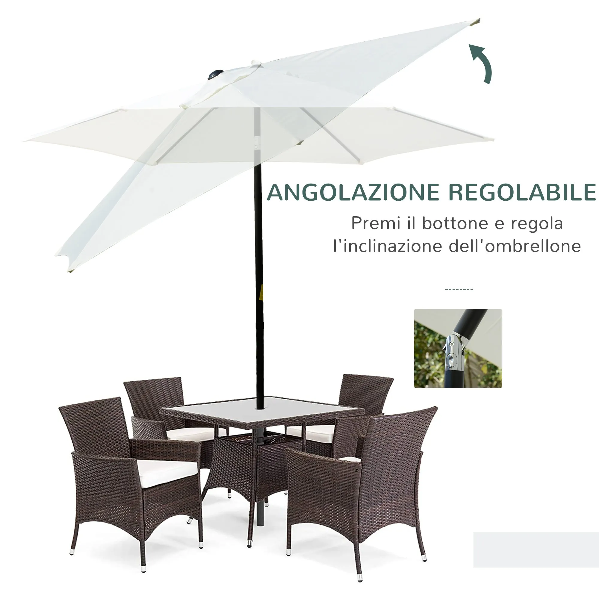 Easycomfort Ombrellone da Giardino 2.6x2.5 m Anti UV Protezione 30  con Testa Inclinabile, Palo in Alluminio e 6 Stecche, Bianco Crema