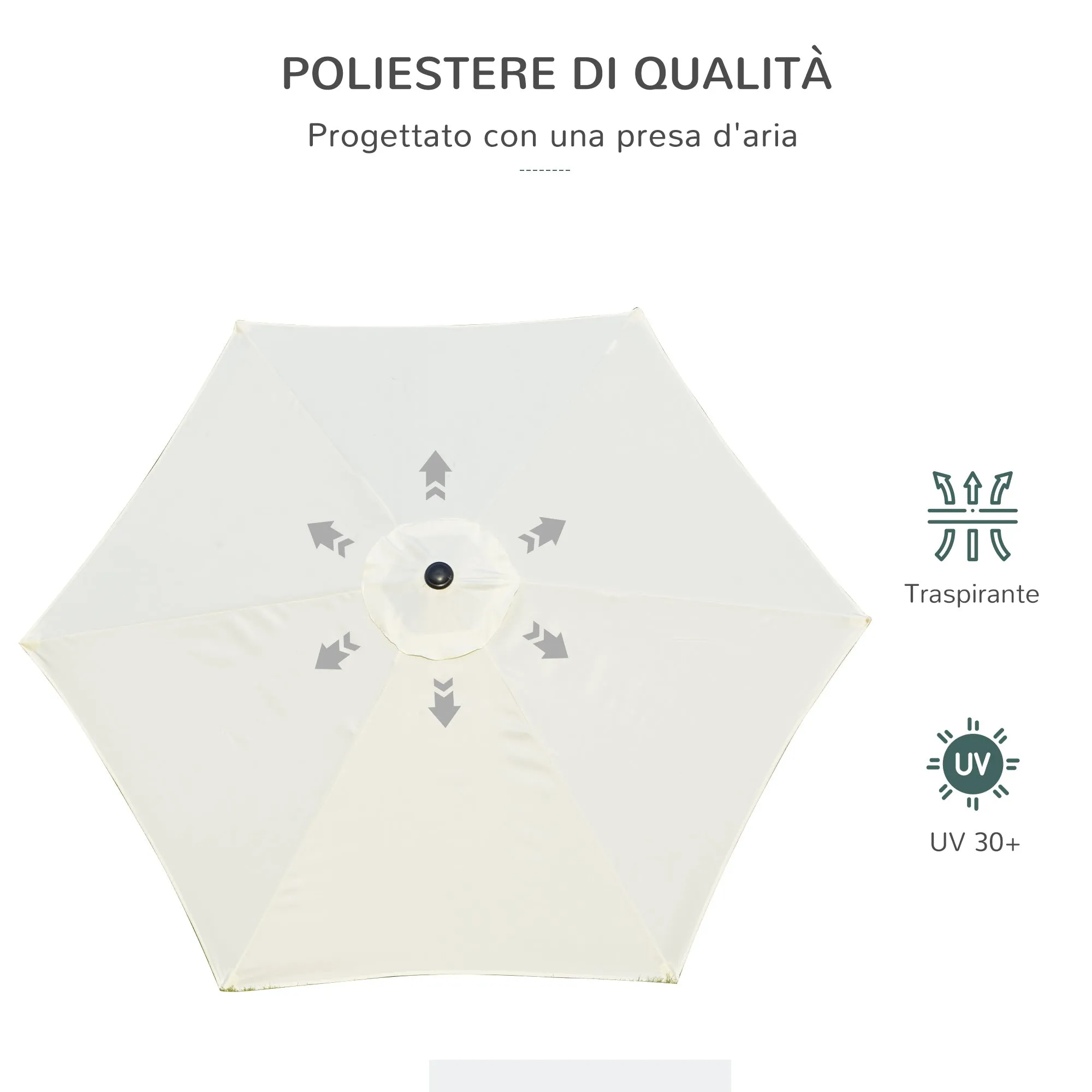 Easycomfort Ombrellone da Giardino 2.6x2.5 m Anti UV Protezione 30  con Testa Inclinabile, Palo in Alluminio e 6 Stecche, Bianco Crema