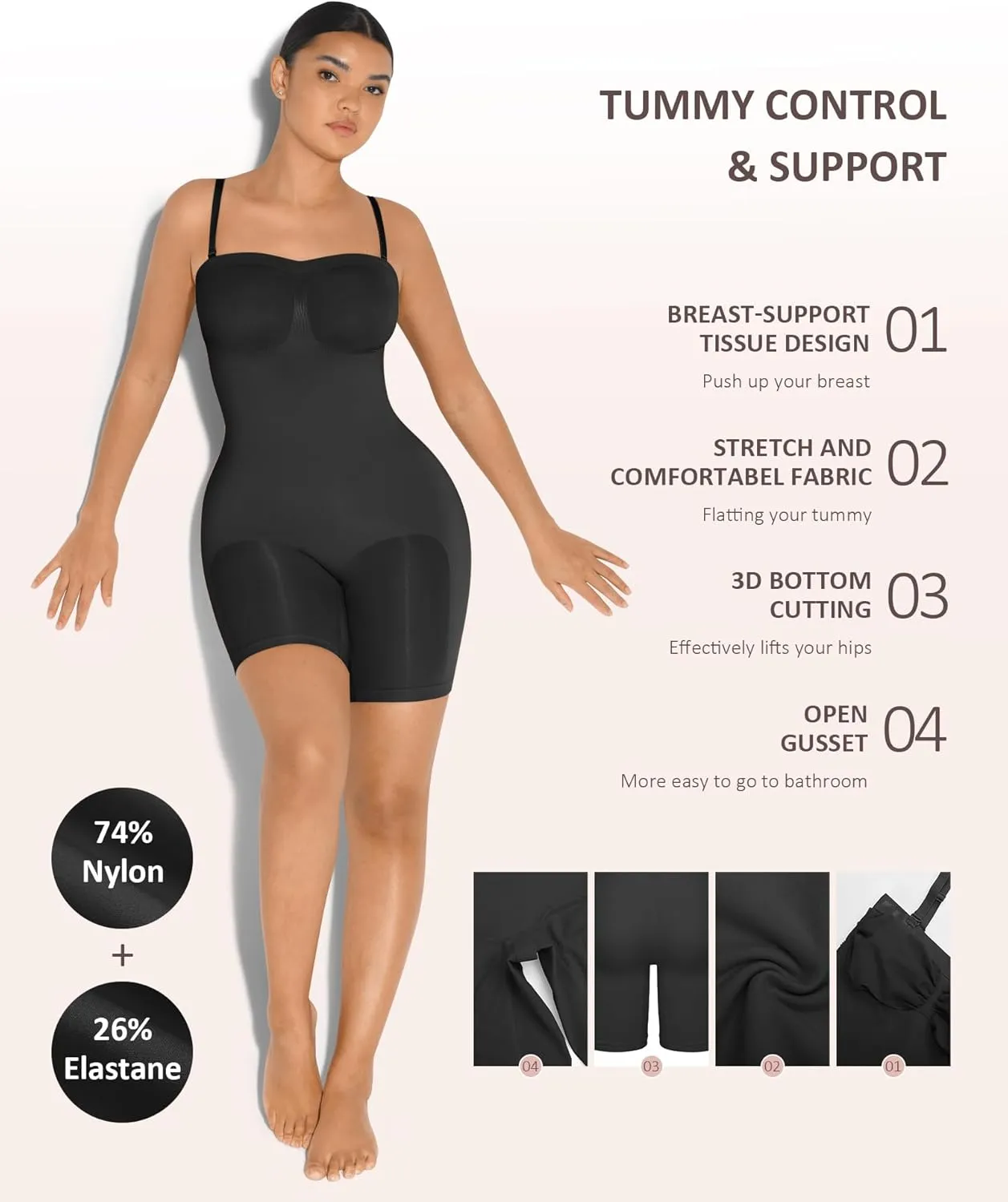FeelinGirl Strapless Bodysuit for Women Tummy Control Shapewear Seamless Sculpt Body Shaper with Removable Straps