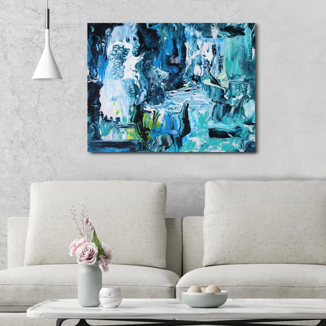 Framed horizontal blue & teal abstract wall art print