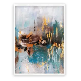 Framed vertical blue & gold abstract landscape wall art print