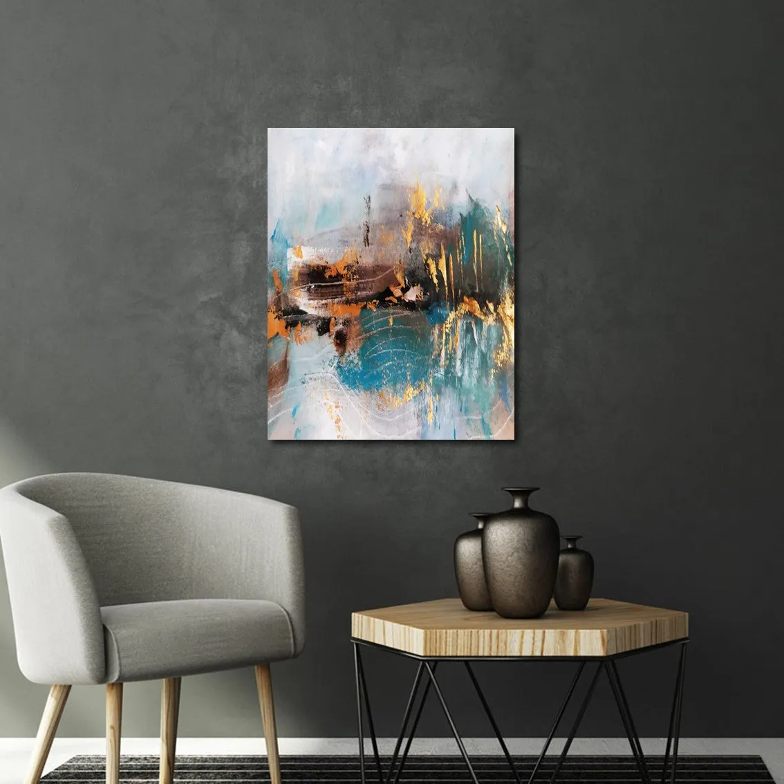 Framed vertical blue & gold abstract landscape wall art print
