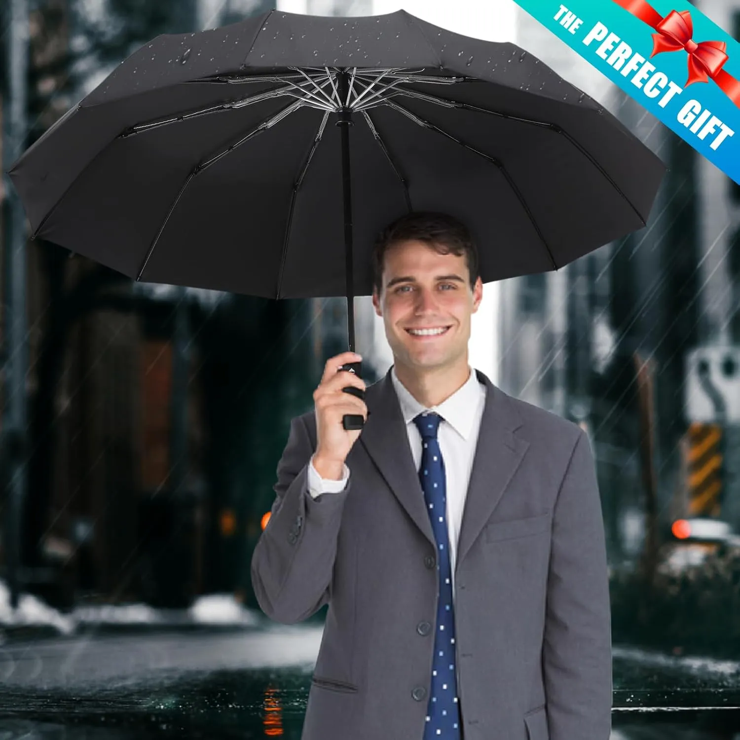 GAOYAING 46 Inch Large Automatic Travel Umbrella, 12 Ribs Windproof Design, Heavy Duty Strong 210T Pongee Fabric Folding Umbrella with Sleeve, Black