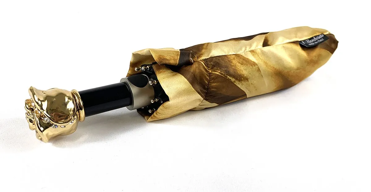 Gold And Brown Dahlia Folding Umbrella
