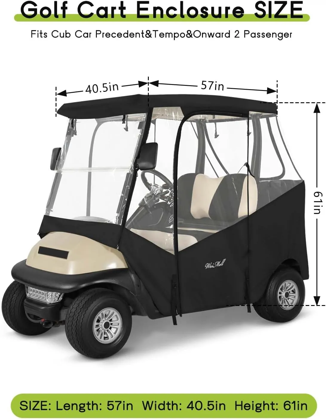 Golf Cart Enclosure 2 Passenger for Club Car Precedent & Tempo & Onward 2-Person Seaters Waterproof Transparent Driving Rain Enclosure Cover with 4-Sided Clear Windows Mirror Zipper Roll-Up Door Black
