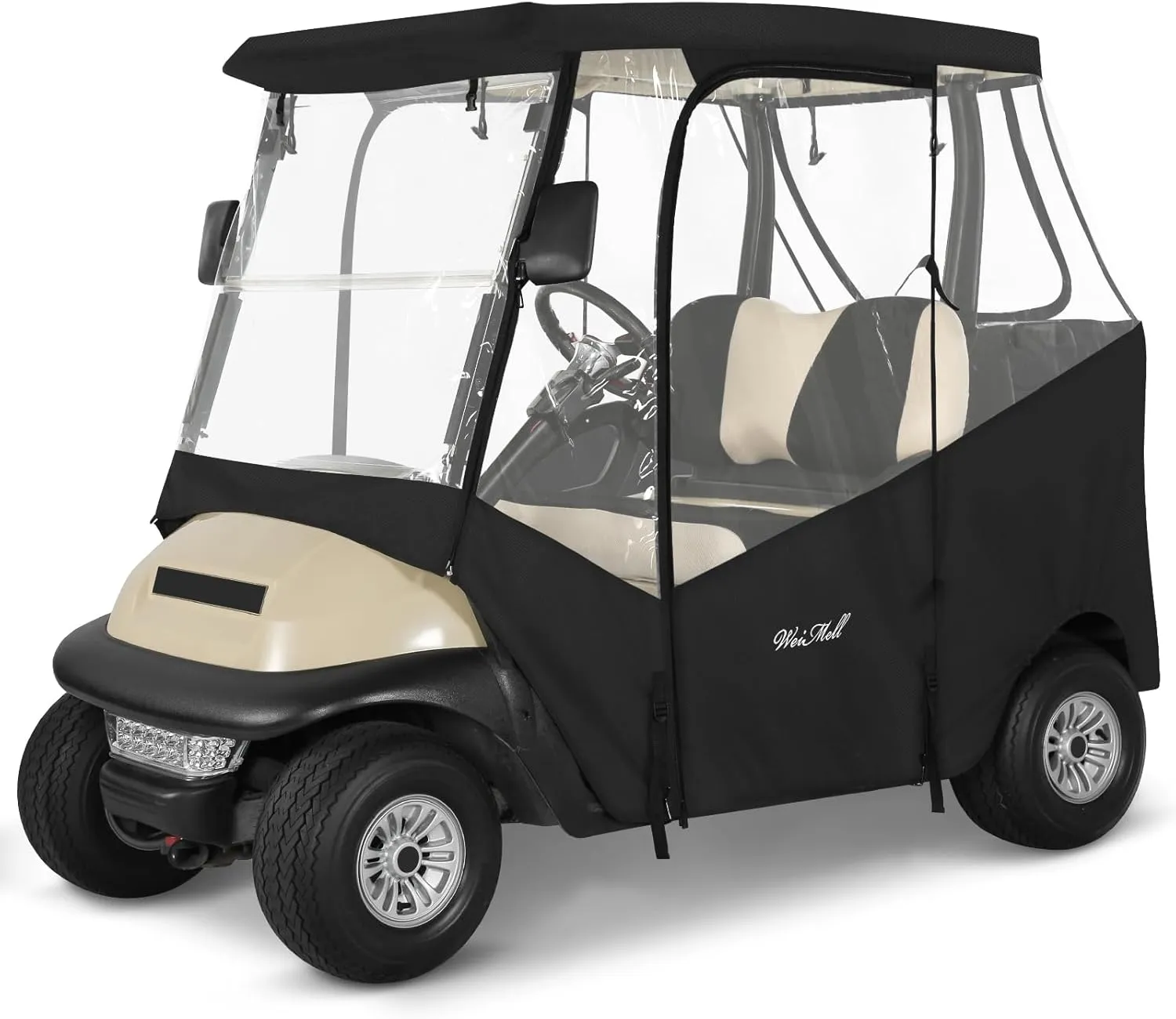 Golf Cart Enclosure 2 Passenger for Club Car Precedent & Tempo & Onward 2-Person Seaters Waterproof Transparent Driving Rain Enclosure Cover with 4-Sided Clear Windows Mirror Zipper Roll-Up Door Black