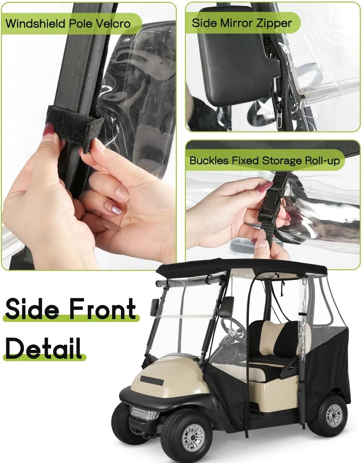 Golf Cart Enclosure 2 Passenger for Club Car Precedent & Tempo & Onward 2-Person Seaters Waterproof Transparent Driving Rain Enclosure Cover with 4-Sided Clear Windows Mirror Zipper Roll-Up Door Black