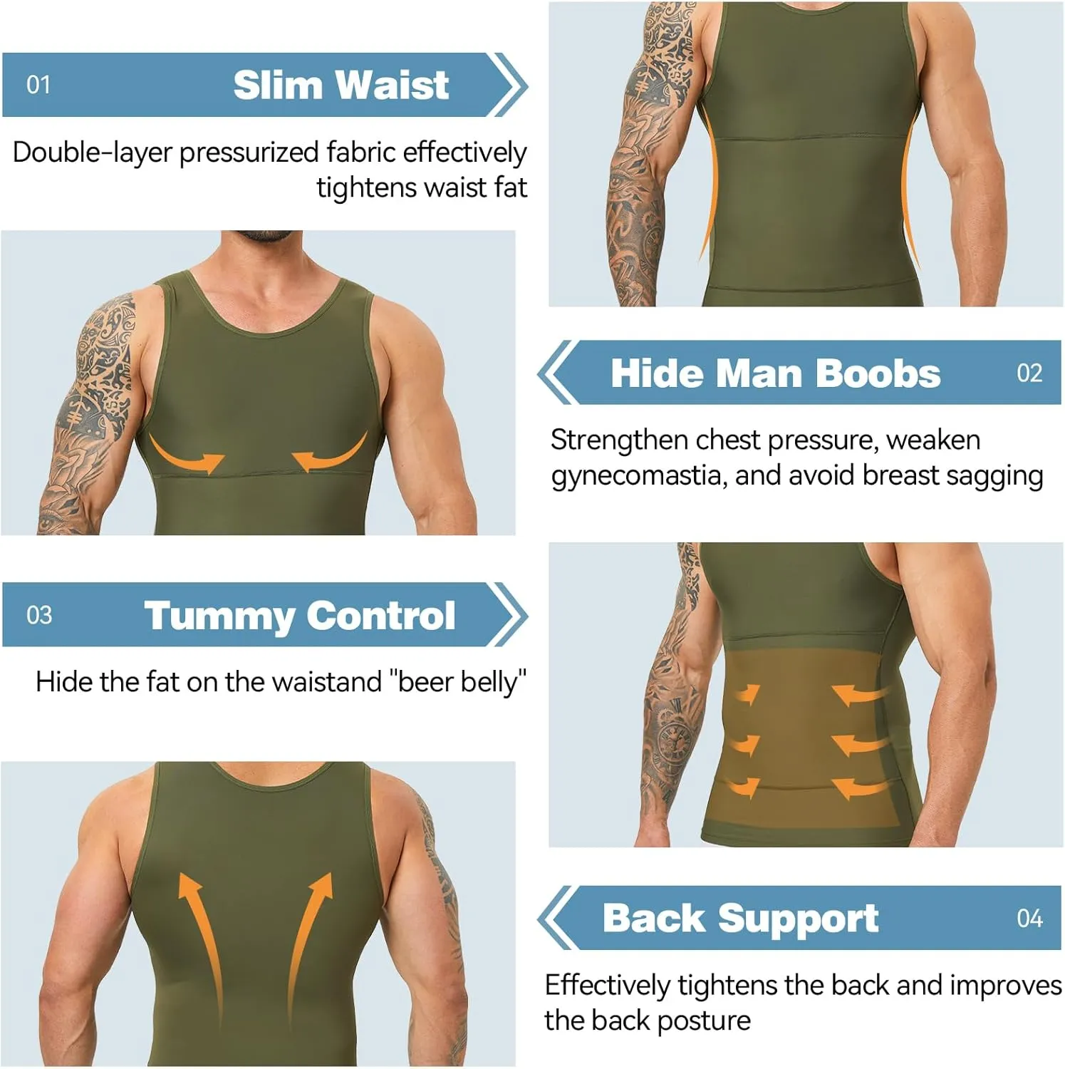 Mens Body Shaper, Compression Shapewear Vest Slimming Undershirt Tank Top, Tummy Control Chest, Hide Gynecomastia
