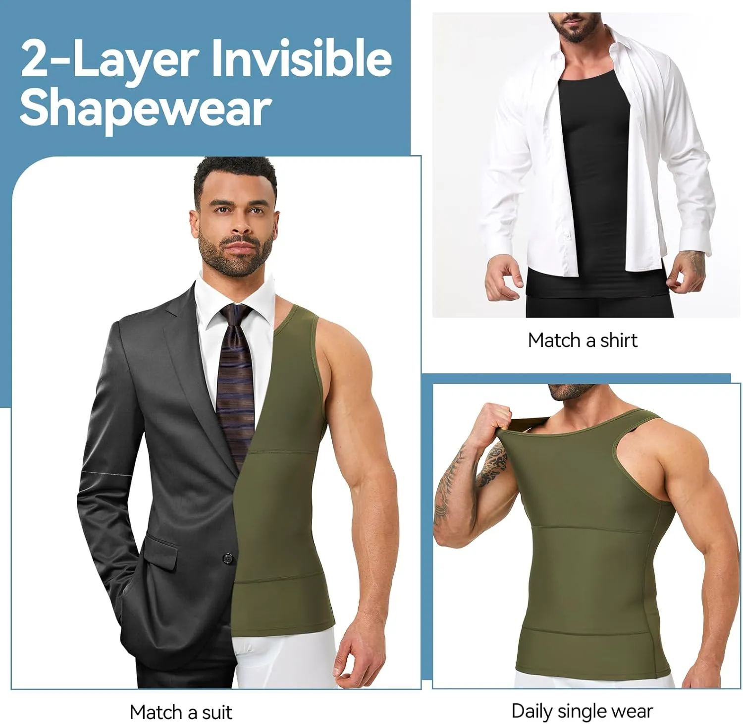 Mens Body Shaper, Compression Shapewear Vest Slimming Undershirt Tank Top, Tummy Control Chest, Hide Gynecomastia