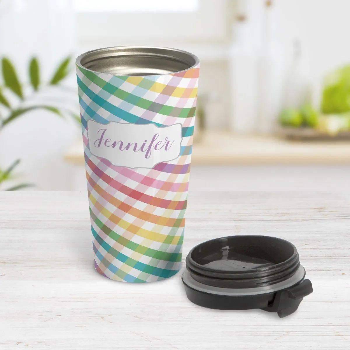 Personalized Rainbow Gingham Travel Mug