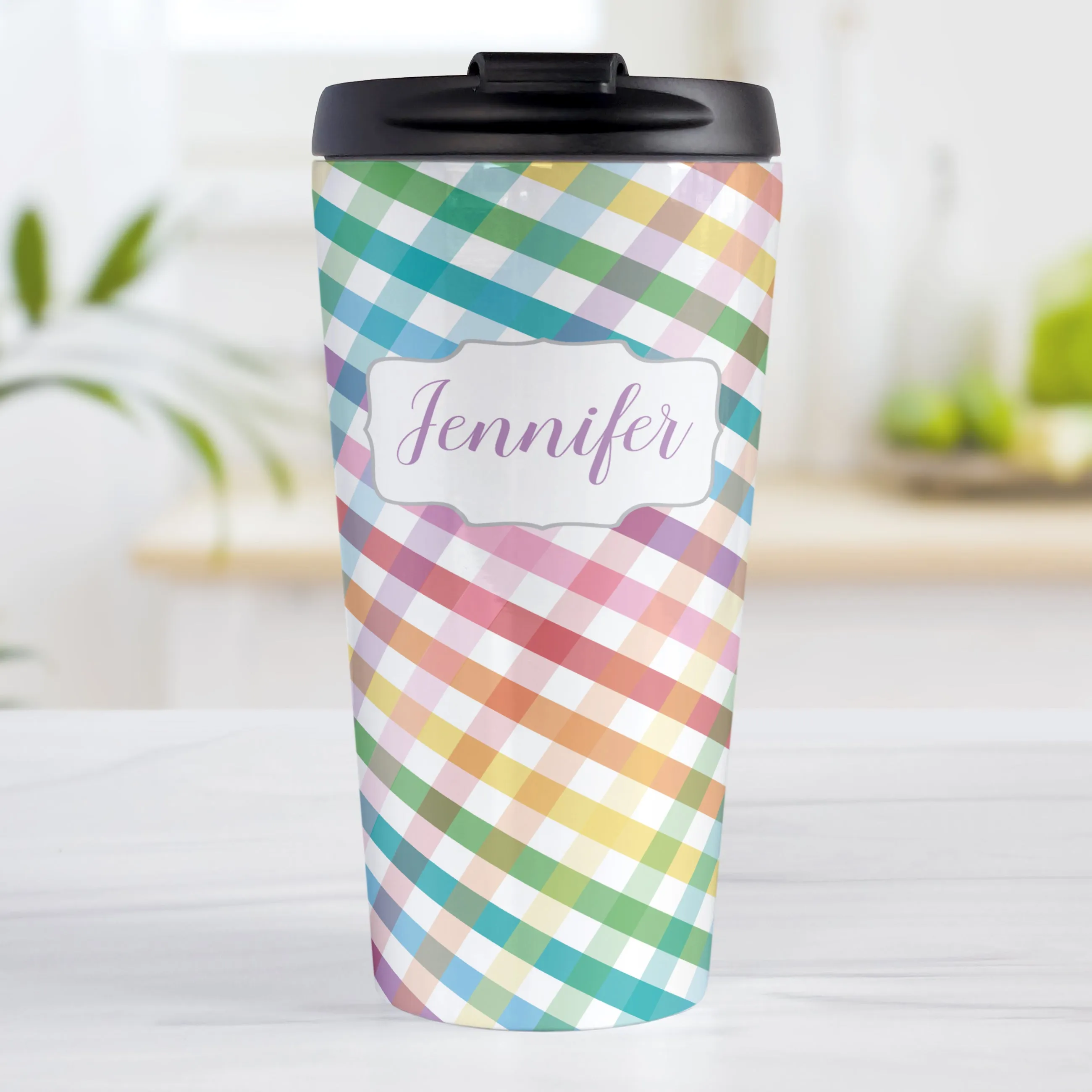 Personalized Rainbow Gingham Travel Mug