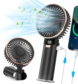 Portable Handheld Fan, 4 in 1 5200mAh USB Rechargeable Foldable Personal Hand Held Fan with Metal Handle, Power Bank, LED Display, 6 Speeds for Travel/Summer/Concerts/Lash