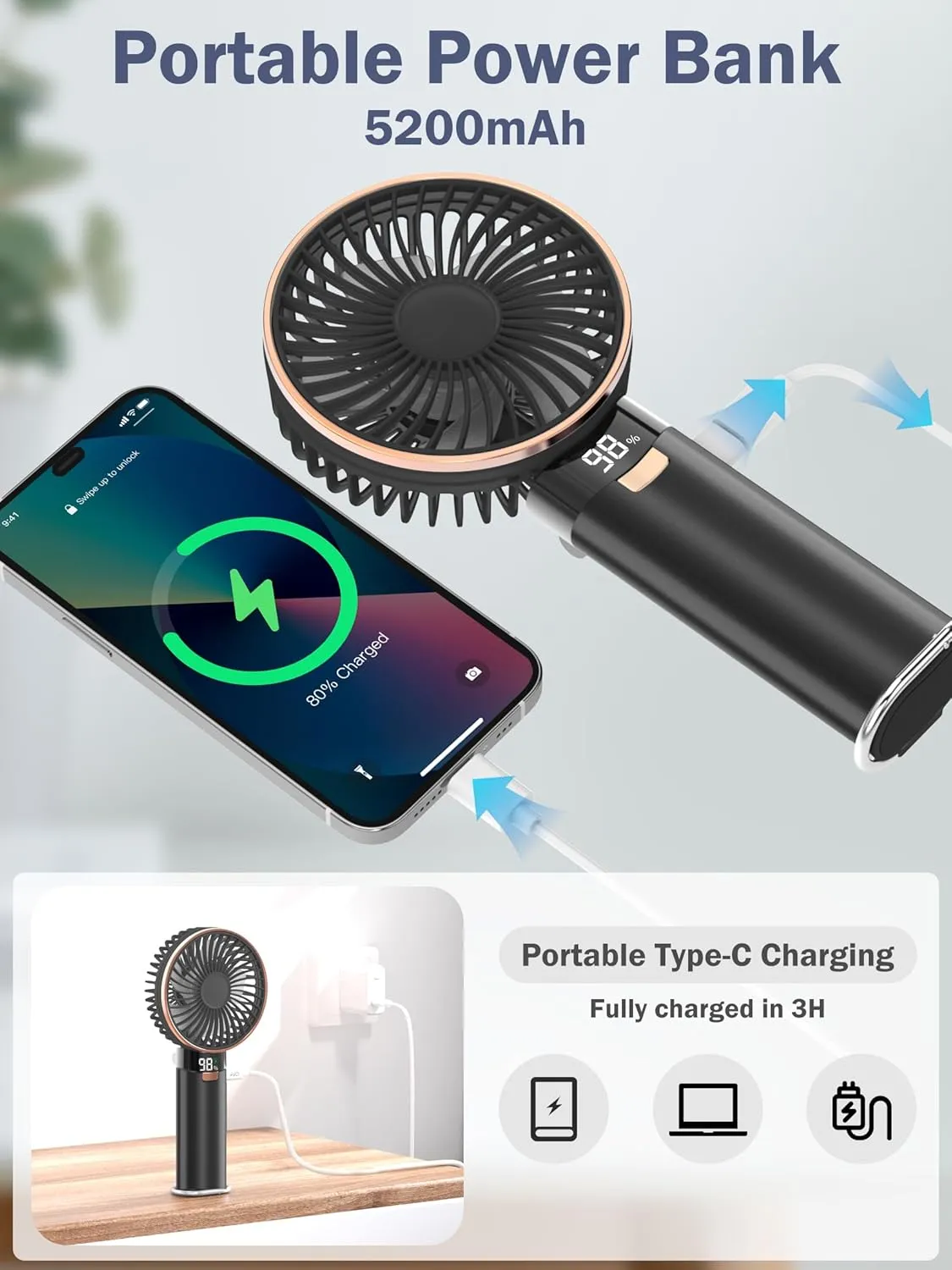 Portable Handheld Fan, 4 in 1 5200mAh USB Rechargeable Foldable Personal Hand Held Fan with Metal Handle, Power Bank, LED Display, 6 Speeds for Travel/Summer/Concerts/Lash