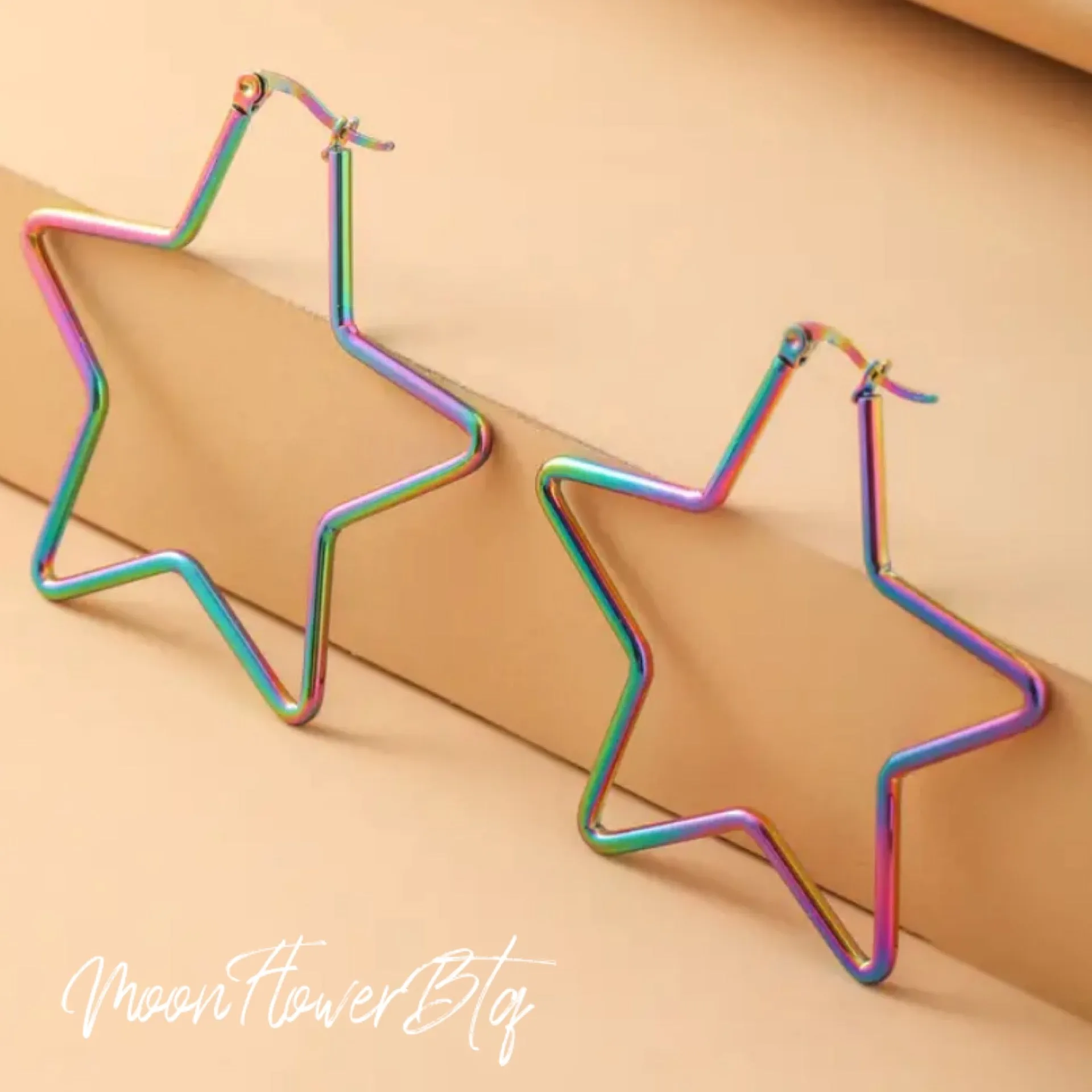 Rainbow Geometric Star Hoop Earrings