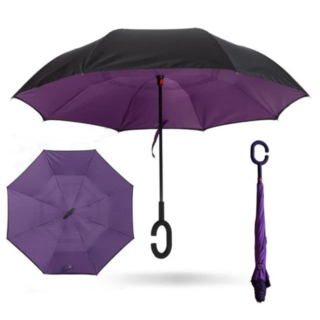 Semi-automatic Windproof Reverse Folding Umbrella Double Layer Inverted Self Stand Out Rain Gear C-Type Handle Hot Sale