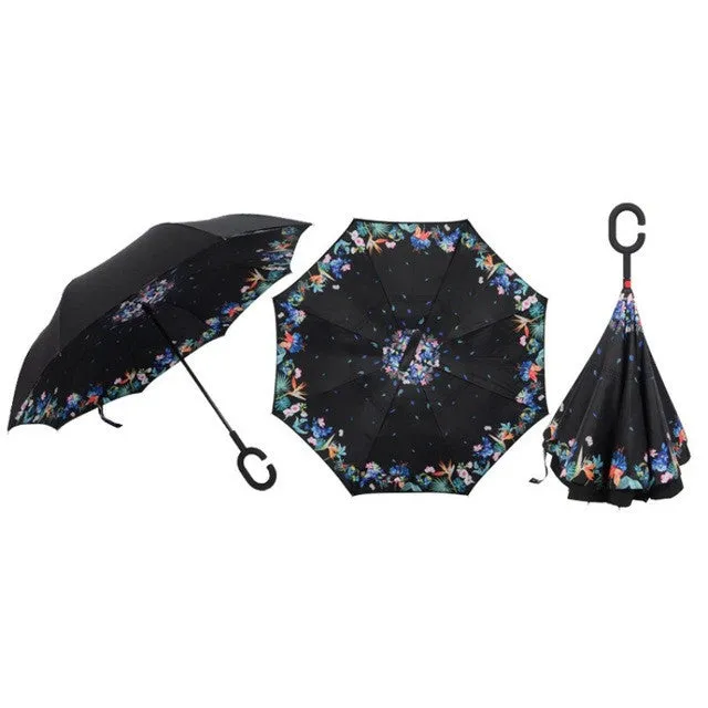 Semi-automatic Windproof Reverse Folding Umbrella Double Layer Inverted Self Stand Out Rain Gear C-Type Handle Hot Sale