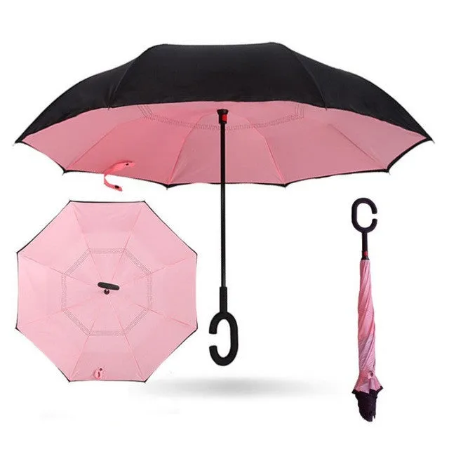 Semi-automatic Windproof Reverse Folding Umbrella Double Layer Inverted Self Stand Out Rain Gear C-Type Handle Hot Sale